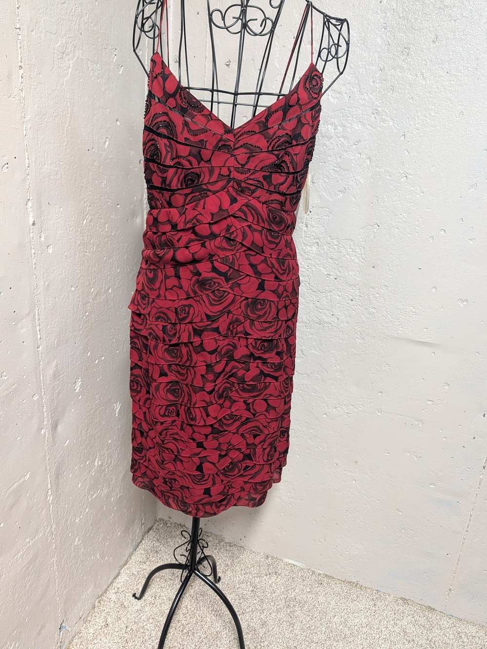 Vintage Y2K Chetta B 100% Silk Red Rose Beaded Formal Dress NWT
